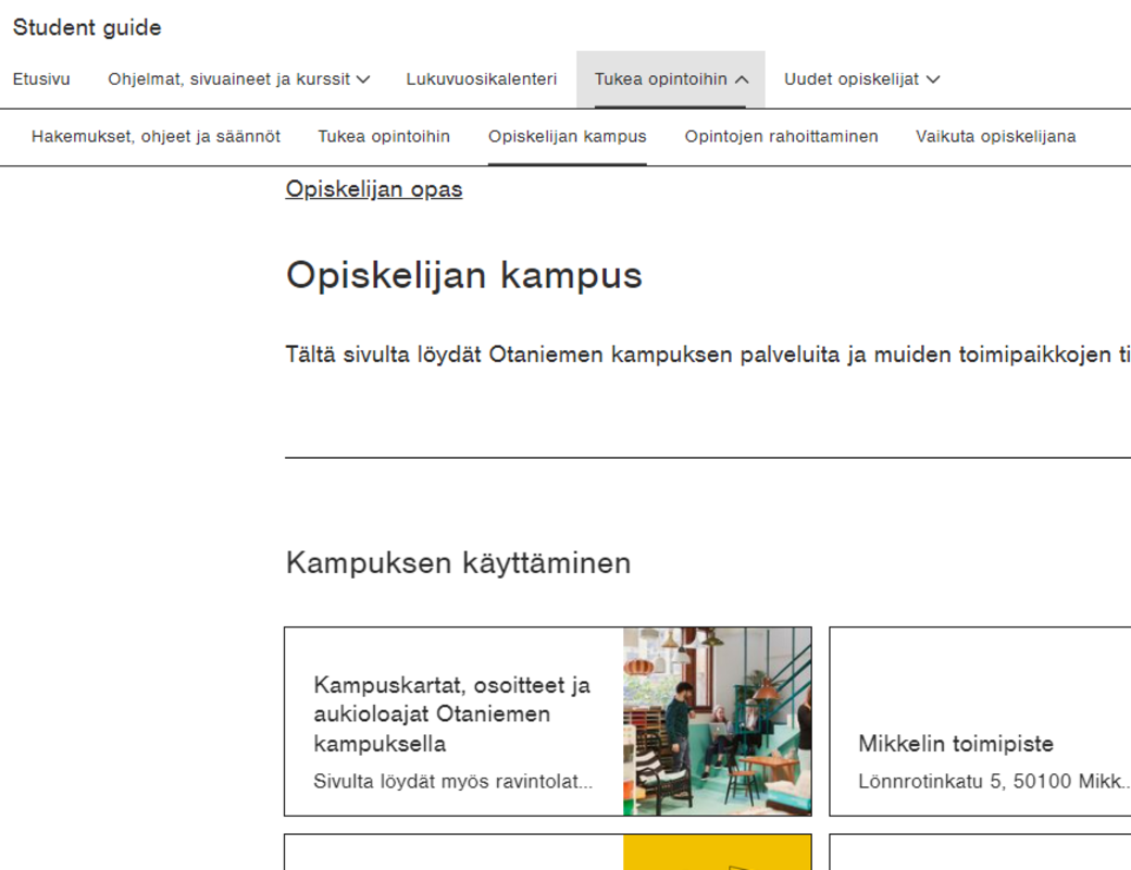 Opiskelijan opas, opiskelijan kampus -välilehti
