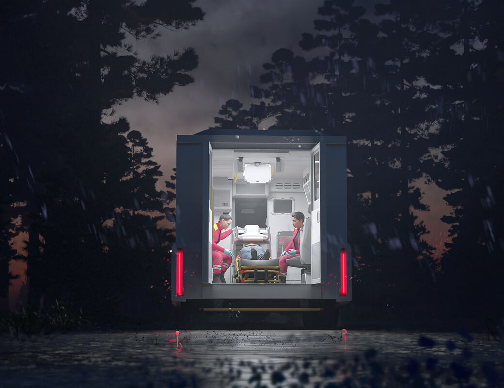 Paramedics treat a patient in an AMRI based Mobile Stroke Unit in a remote area at night