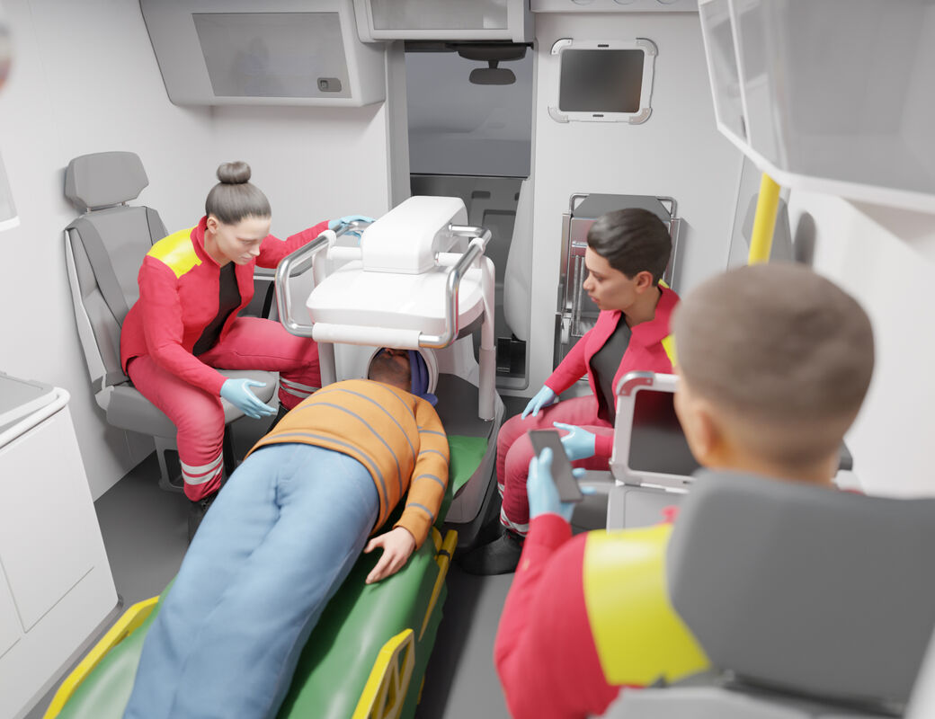patient being treated by paramedic in AMRI mobile stroke unit