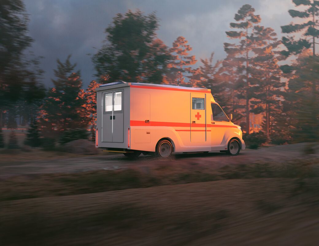render of AMRI Mobile Stroke Unit on the road