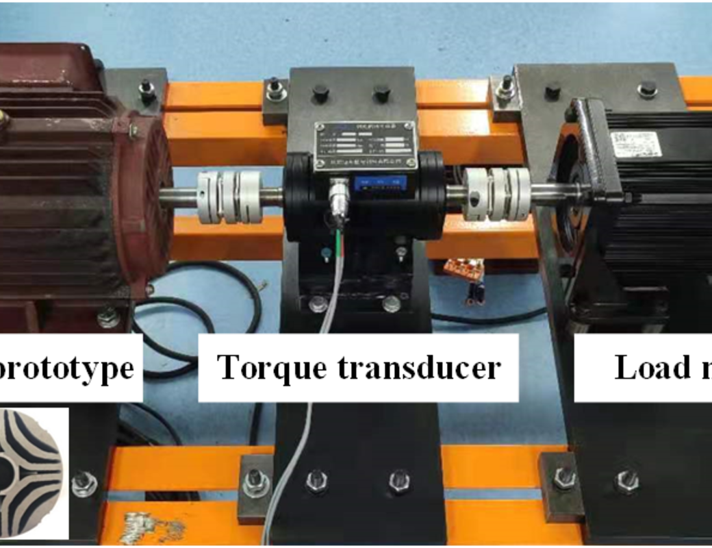 SynRM prototype, torque transducer, load motor