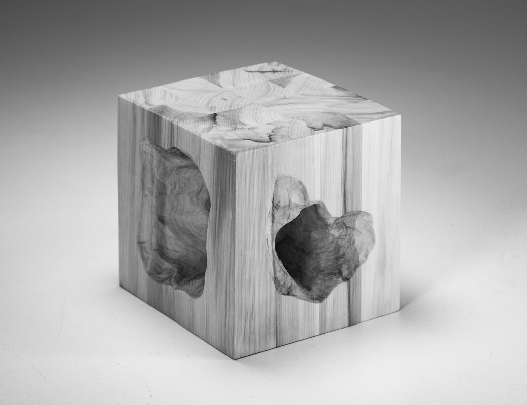 wooden cube with organically shaped carved void