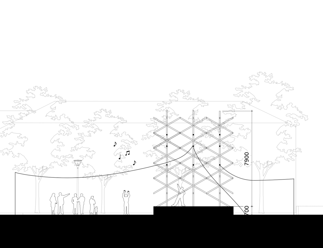 Elevation drawing of the Lumilyhty proposal, showing an open structure with fabric hanging roof.