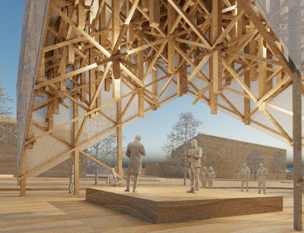 Image of Kide from up close looking upwards into the timber structure.