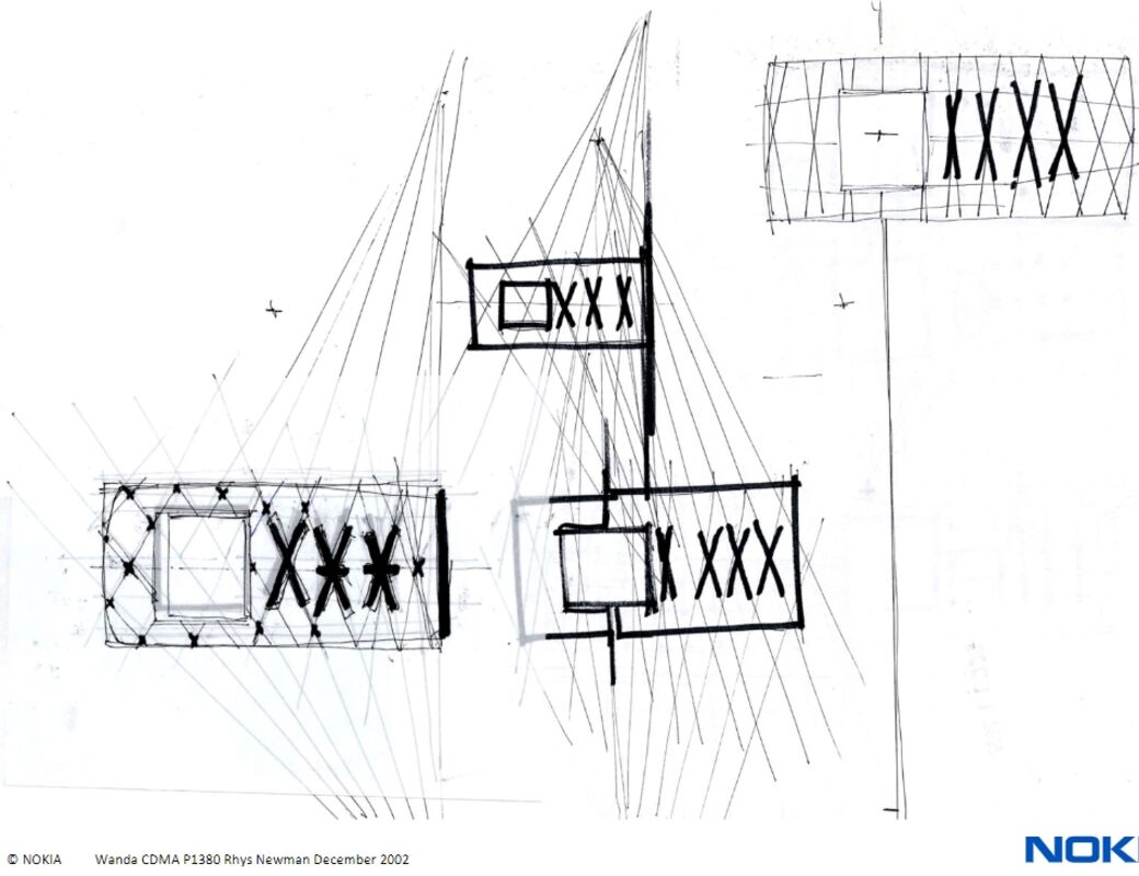 A hand-drawn Nokia design sketch showing rectangles and X-shapes with interior line structures and perspectives.