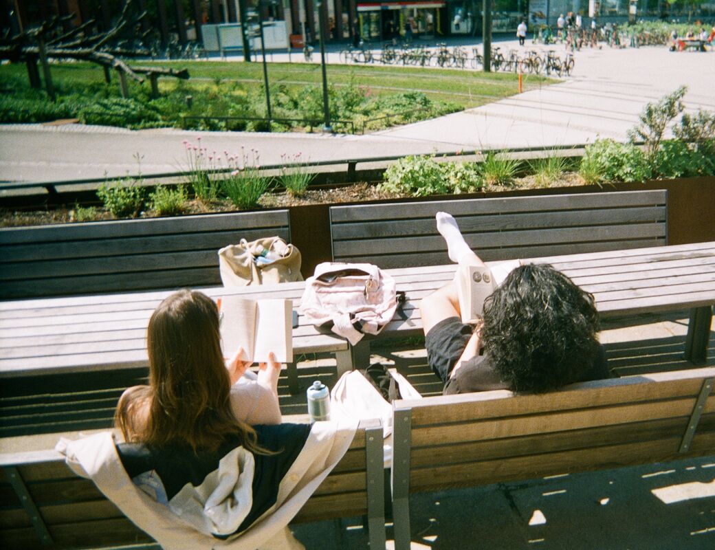 Two people are sitting on wooden benches outside, reading books. There is a grassy area and a bike park in the background.
