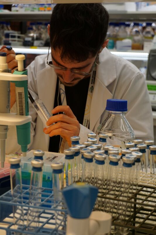 Lab worker in white coat handling a syringe among racks of test tubes and bottles on a busy bench