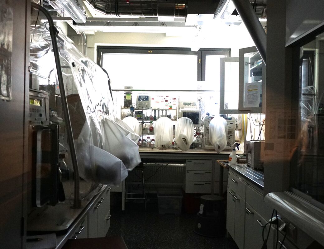 Mörkt laboratorium med handskbox, vita huvar och arbetsbänkar under metallrör vid ett ljust fönster