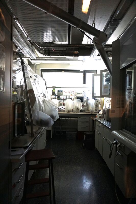 Dim laboratory with glovebox, white plastic hoods and benches under metal pipes and bright window light