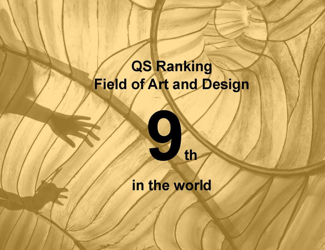 Golden abstract background with hands, text: QS Ranking Field of Art and Design 9th in the world
