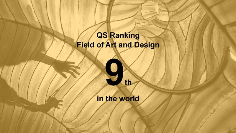 Golden abstract background with hands, text: QS Ranking Field of Art and Design 9th in the world