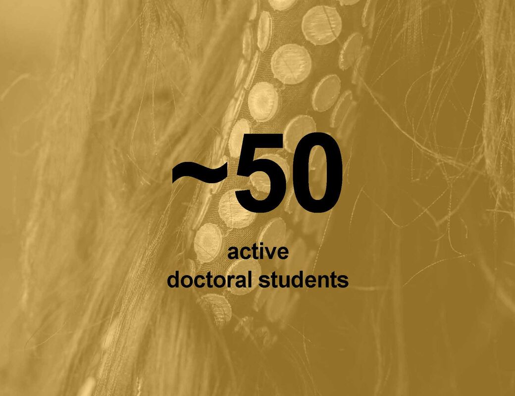 Yellow-brown background with feather texture and black text: ~50 active doctoral students