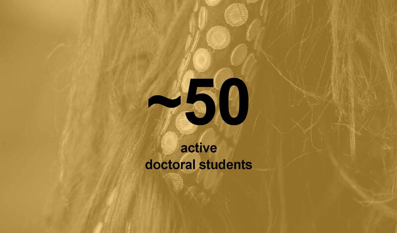 Yellow-brown background with feather texture and black text: ~50 active doctoral students