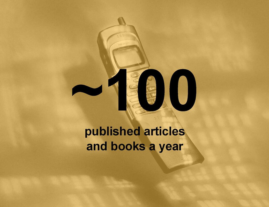 Yellow-toned graphic with an old mobile phone and text: ~100 published articles and books a year