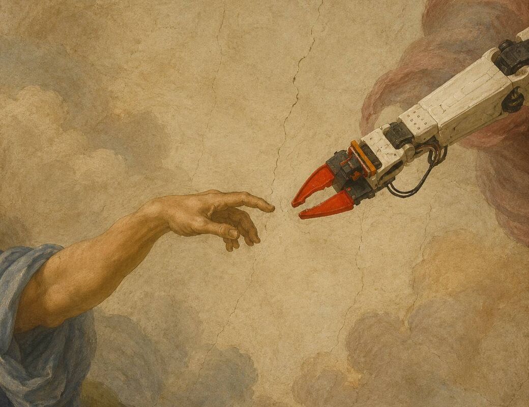 Classical painting of a human hand reaching toward a red‑tipped robot claw among soft clouds