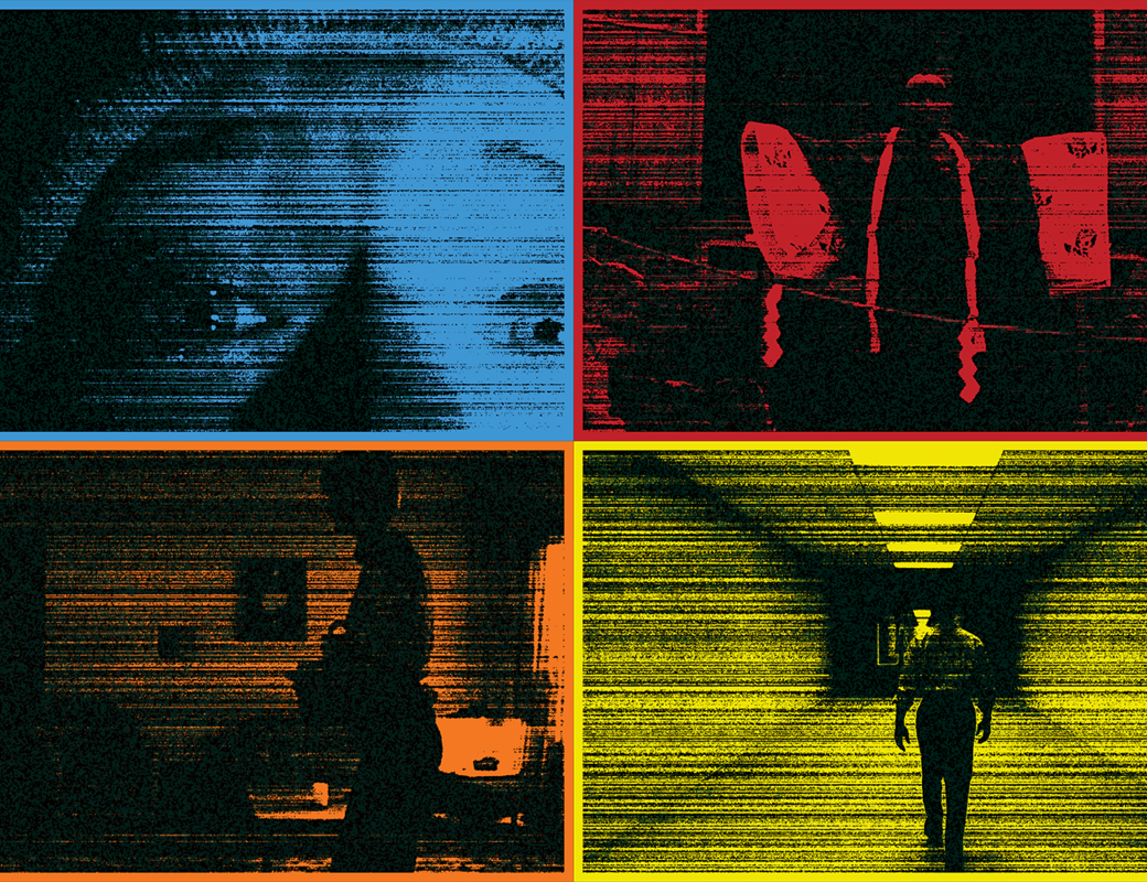 Four grainy panels show people indoors and in a tunnel, tinted blue, red, orange and yellow.