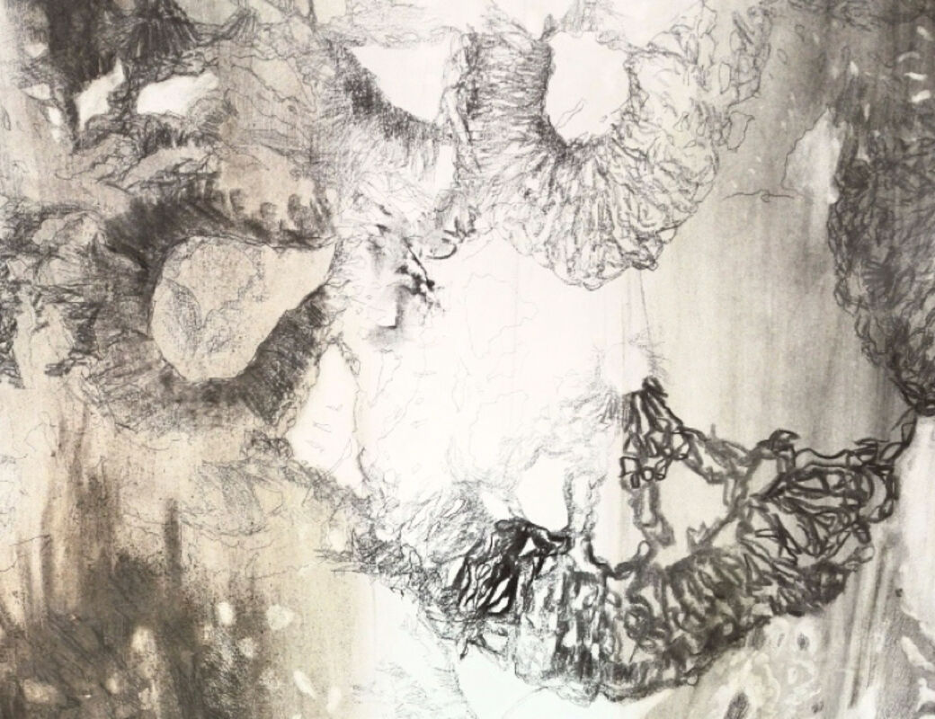 Detail of the artist's work comprised of mark-making made with charcoal, ash, pencil on paper / OHP, crochet pieces