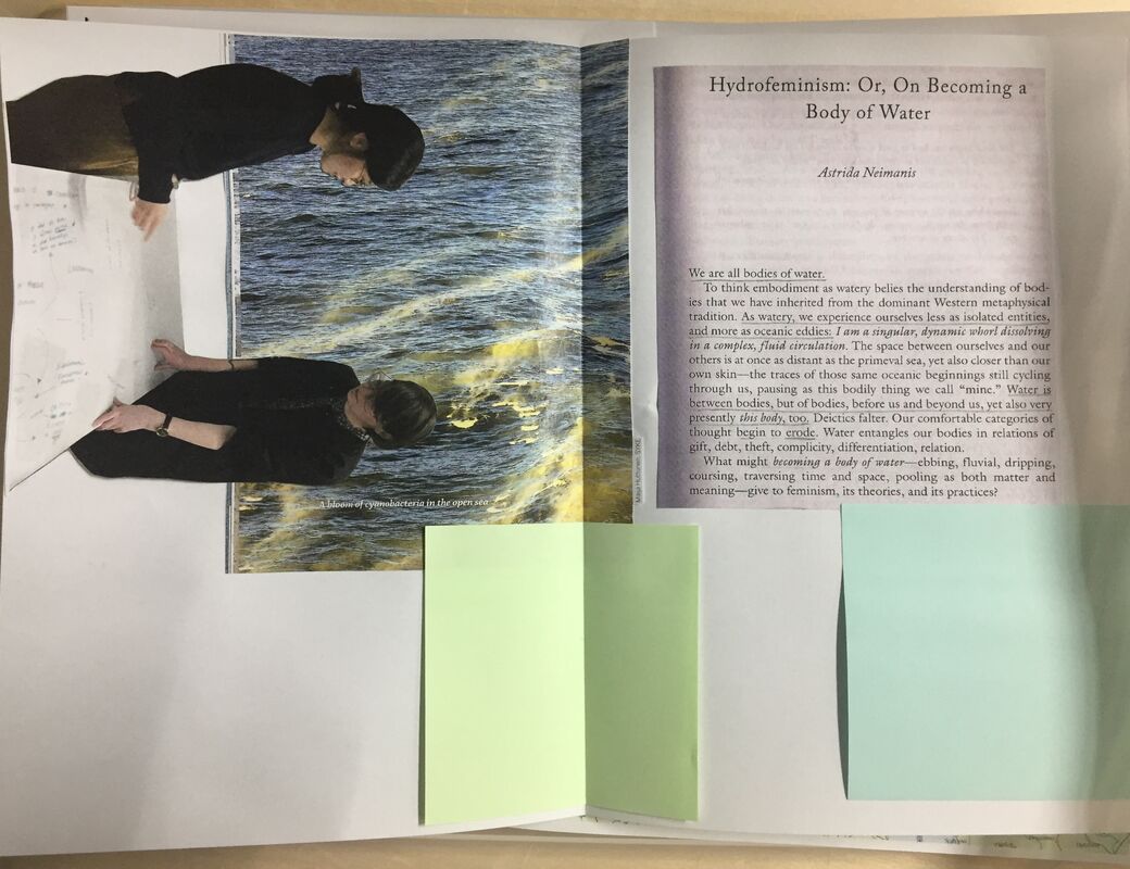 A collage featuring the practitioners working together and an excerpt of a text on hydrofeminism