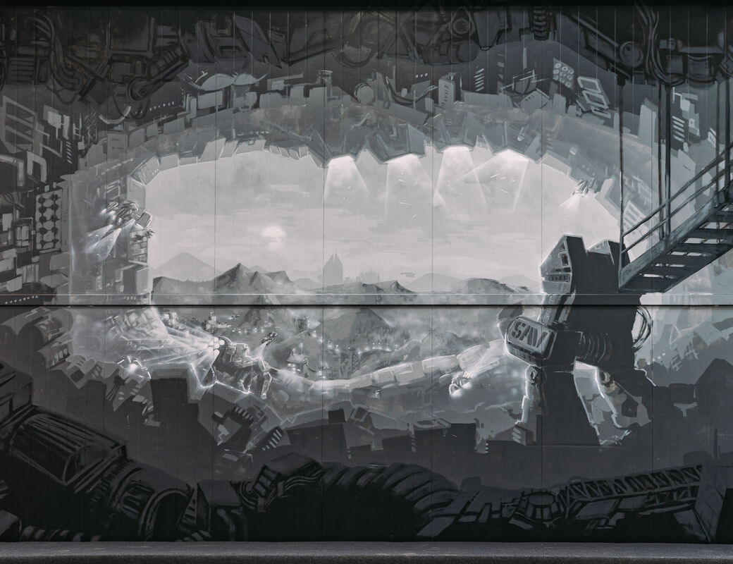 Jesse Pasanen greyscale painting of a view out from rubble into a distance landscape