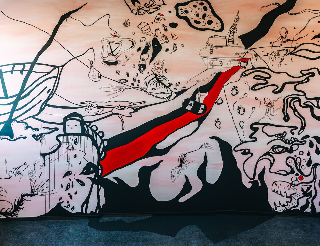 Painting by Saara Mahbouba. Black lines meander in fragmented forms across a pastel pink wash