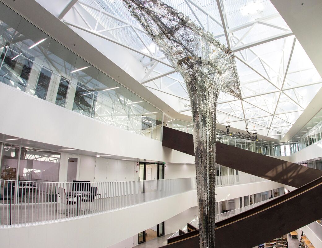 In the centre of the image is LUMEN, a sculpture by Kirsi Kaulanen, in Väre building during daytime