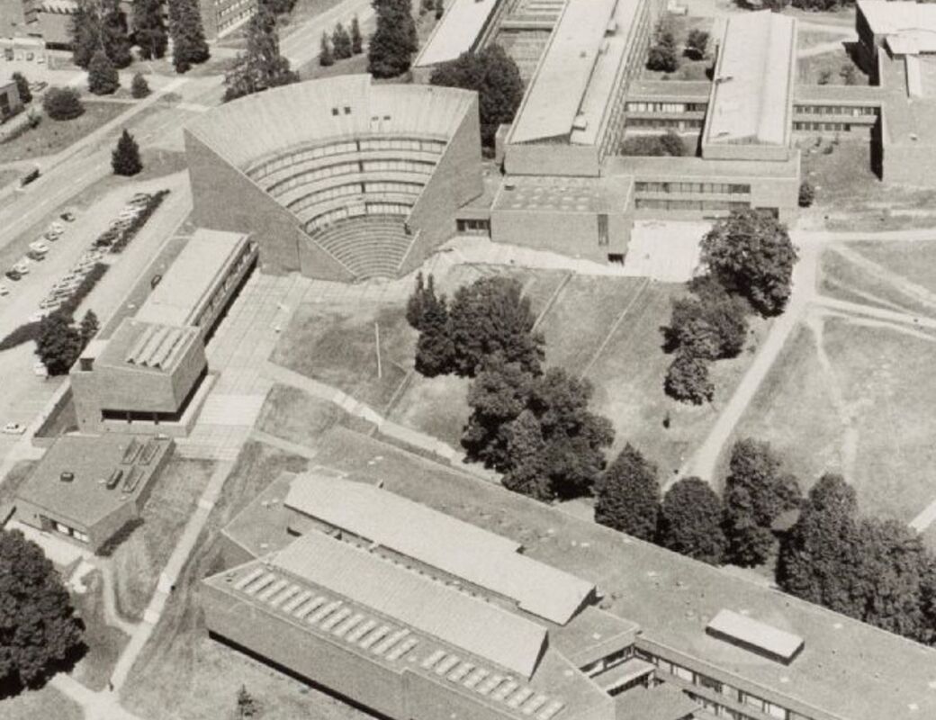 Aerial view of Undergraduate Centre and Learning Centre in black and white from 1960s