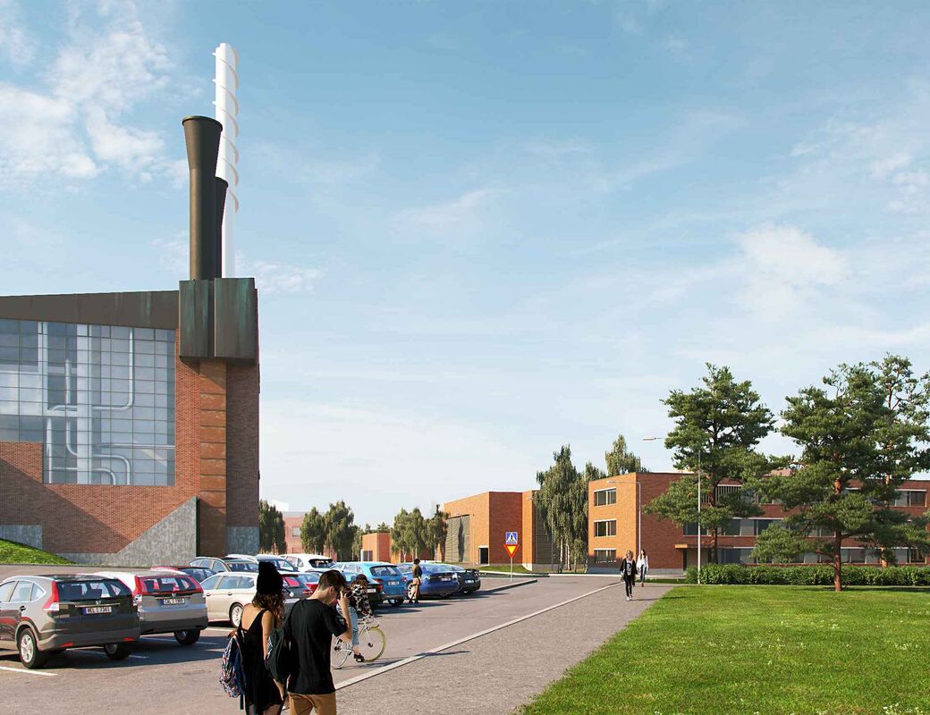 Illustration image of Aalto Works block, parking area in front of the power plant on the left, with trees, forest and red brick buildings on the right