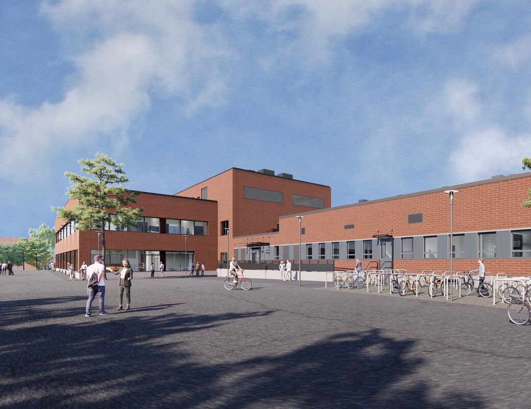 Illustration image of Aalto Works K3 building facade on a sunny day, people passing by the red brick building