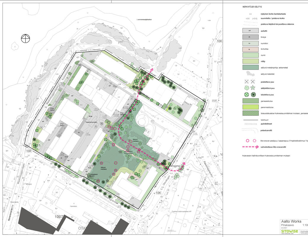 Illustration image depicting material choices for the outdoor areas at Aalto Works