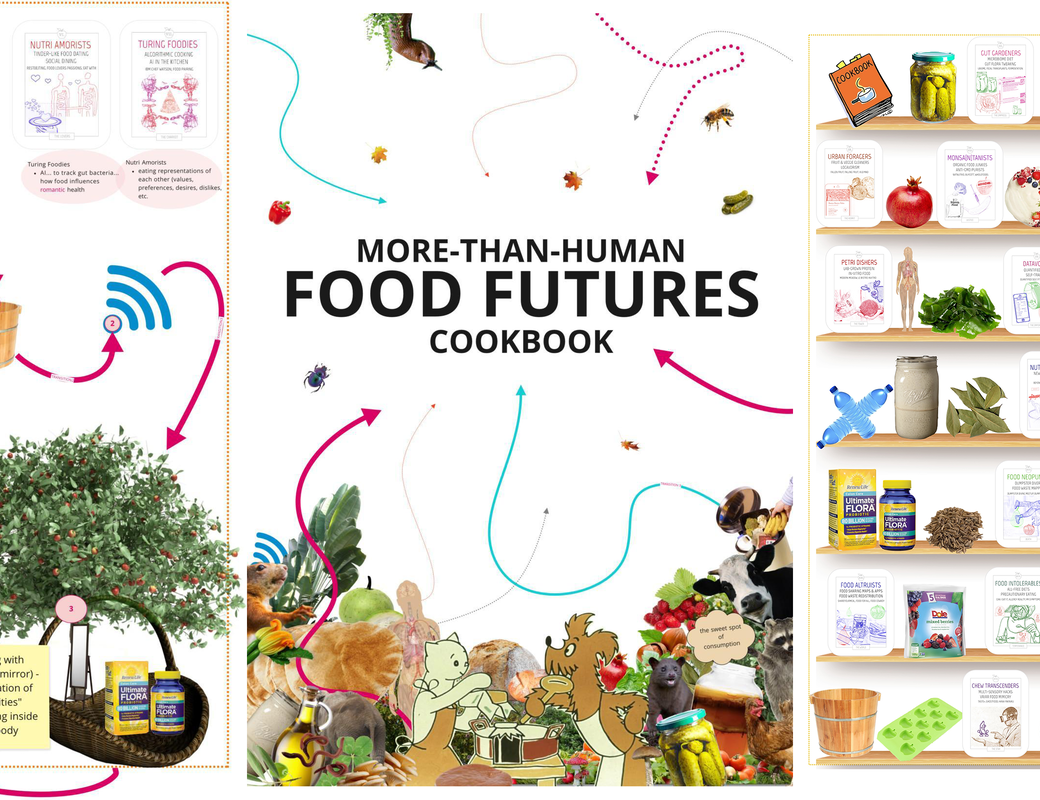Composite image of the cover and selected pages of the More-than-human Food Futures cookbook