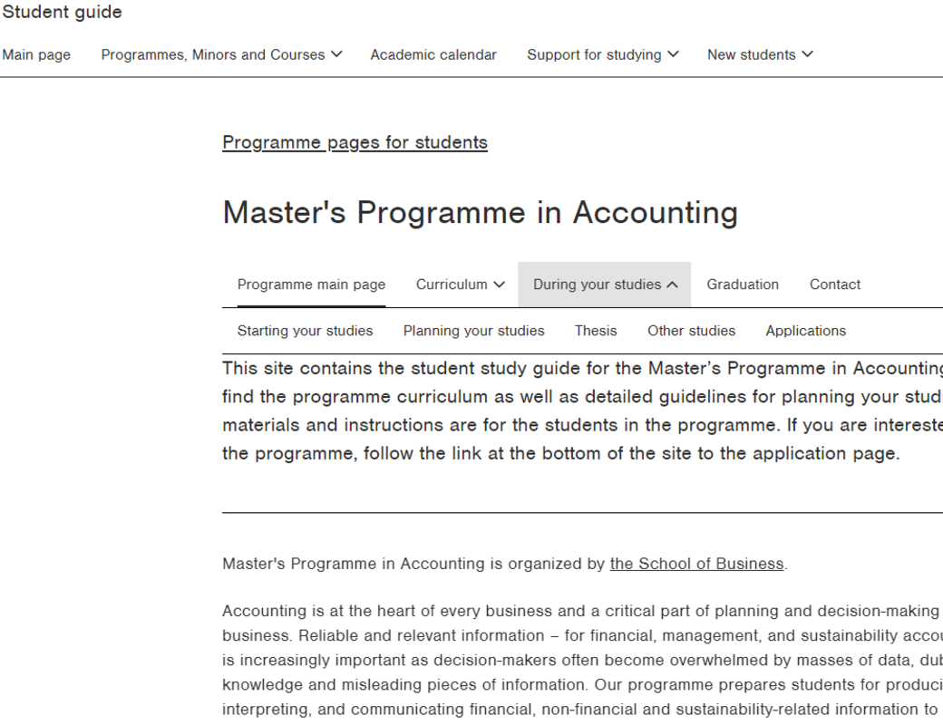 Student guide, programme page