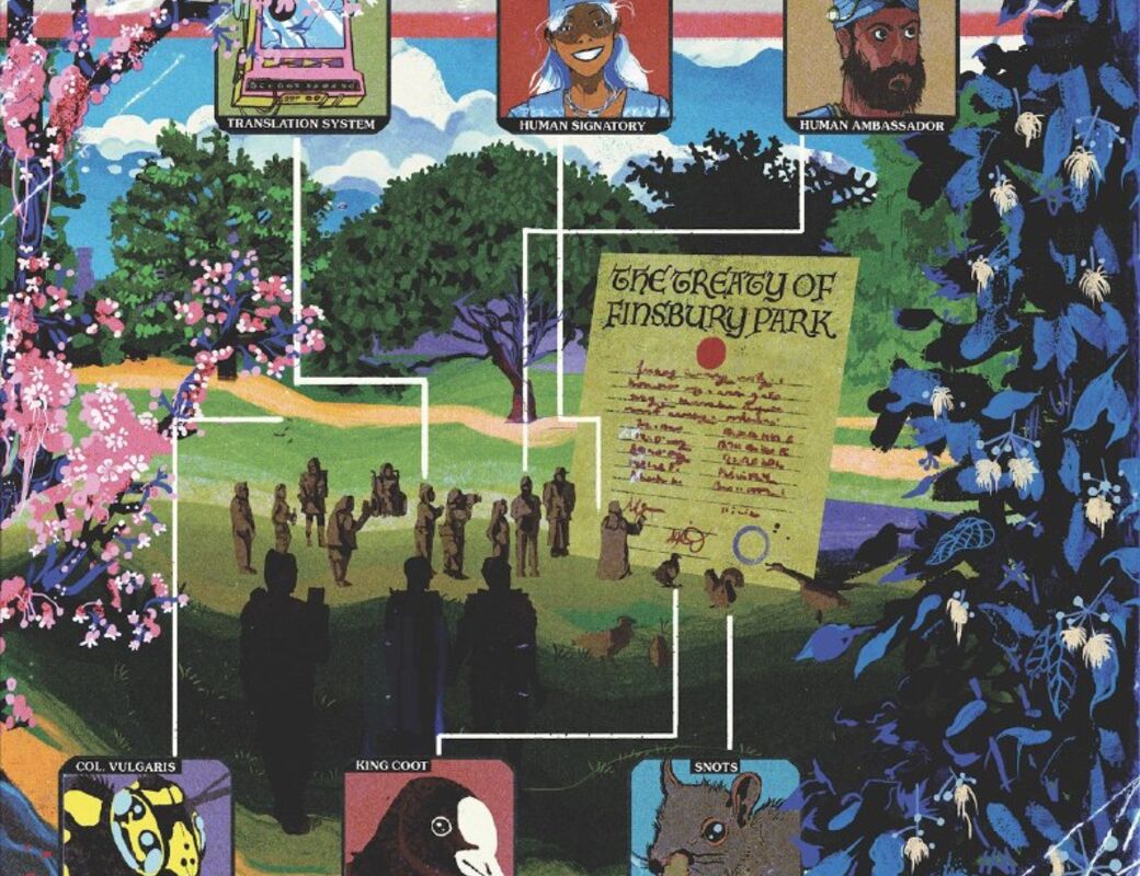 The Treaty of Finsbury Park 2025 larp game rules. Illustration Sajan Rai