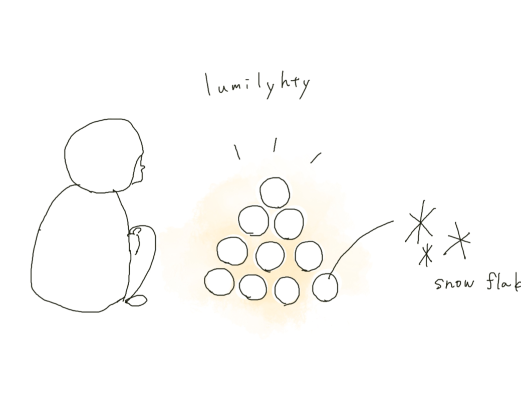 Sketch drawing of a young person sitting in front of a pile of snowballs, called Lumilyhty in Finnish