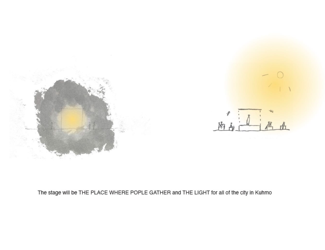 Sketch drawing showing the stage as a place where people gather, as well as a lantern in the dark