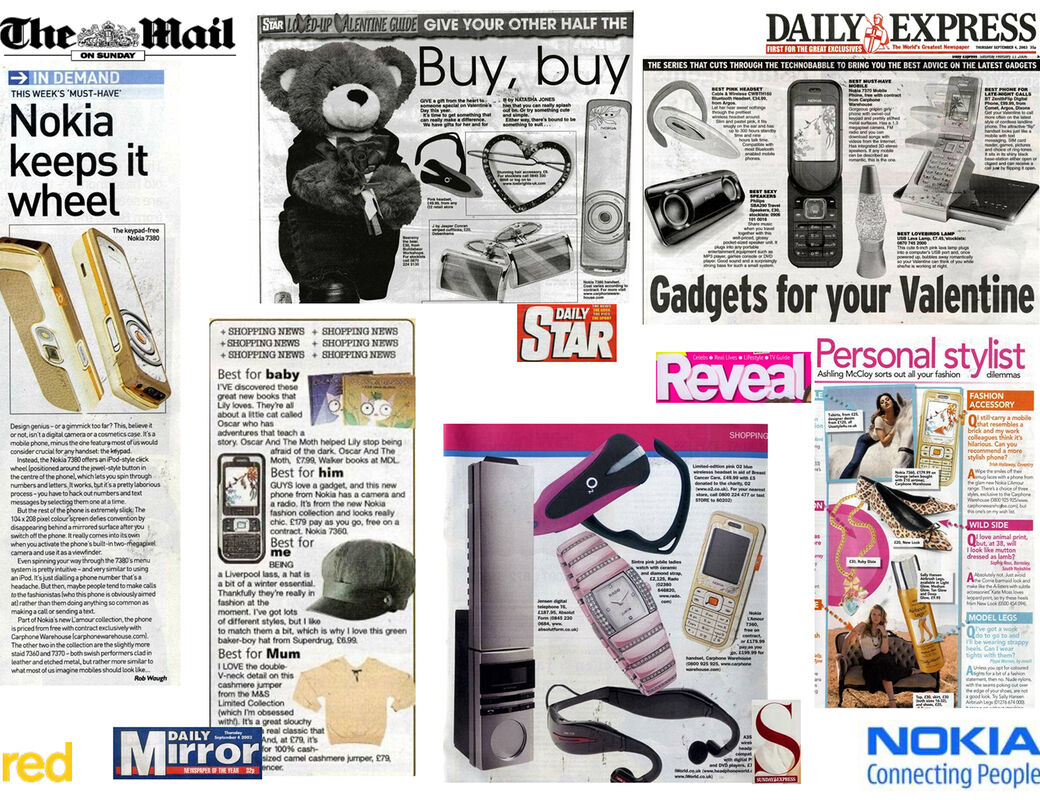 A collage of newspaper clippings featuring various gadgets, phones, and accessories, including Nokia products.
