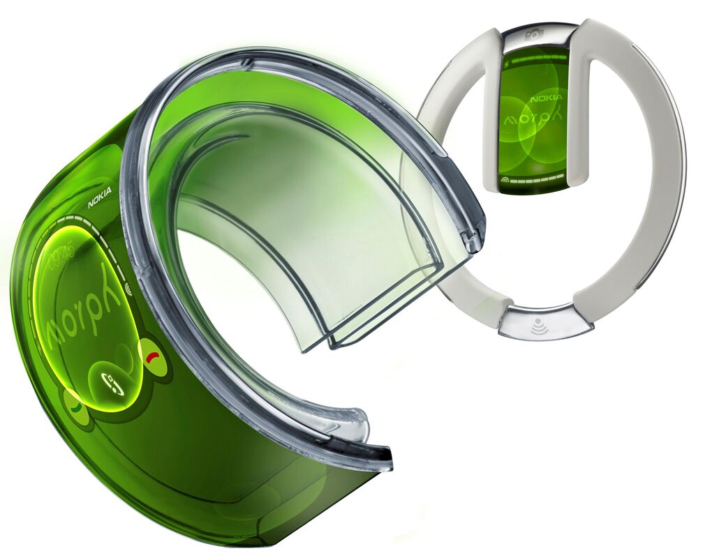 A green, flexible electronic device with a semi-circular shape and a white circular holder.