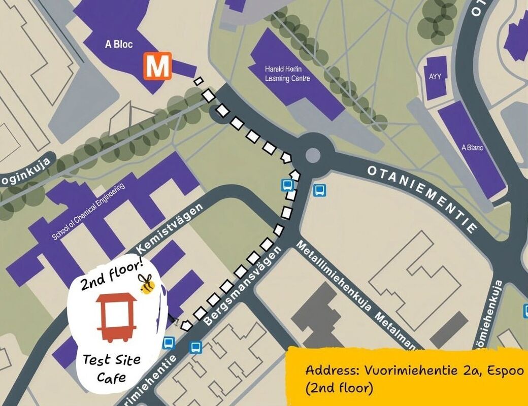 Illustrated campus map showing walking route from metro A Bloc to Test Site Cafe on Vuorimiehentie 2a, 2nd floor.