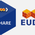 Two logos, blue hexagon with text B2SHARE in it and three small orange cubes in a row with blue text EUDAT under them.