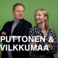 Kuvassa näkyvät podcastin juontajat, professori Vesa Puttonen ja apulaisprofessori Eeva Vilkkumaa. Kuva: Aalto-yliopisto.