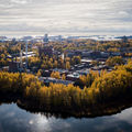 An autumnal aerial view of Aalto University campus from Laajalahti, autumn colours, yellow and orange, are prominent in the trees
