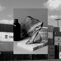 a collage of photos with shipping containers alongside with a set of still life objcts such as bottle, fish and rocks, all black and white