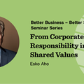 Picture of Esko Aho and the title of the seminar "From Corporate Responsibility into Shared Values" on green bakcground