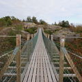 A suspended narrow wooden bridge cruising over a rocky island landscape, surrounded by flowered bushes.