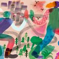 Piirroskuvitus Aalto University Magazinen kansista. Kuvassa on kaksi ihmishahmoa kävelemässä, taustalla erilaisia ympäristöjä mm. kaupunki, metsä, vuoristo. Kuvittaja: Satu Kettunen.