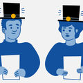 Drawing of two doctoral students each holding a paper, with doctor's hats shining on their heads.