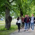 Students walking and discussing in the park area outside Aalto University campus.