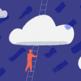 Illustration of human figures climbing stairs to clouds on blue background. / illustration: Lisa Staudinger
