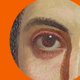 taidemaalauksesta poimittu yksityiskohta ihmisen silmästä on rajattu ympyräksi oranssilla pohjalla