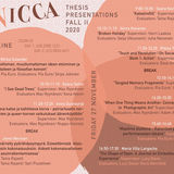 Orange and brown circles from the background of this poster with the names and topics of the upcoming MA ViCCA presentees