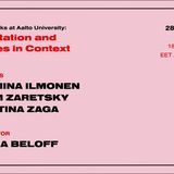 A poster with a pink background with text stating the three speakers and moderator for Adaptation and Bodies in Context LASER talk